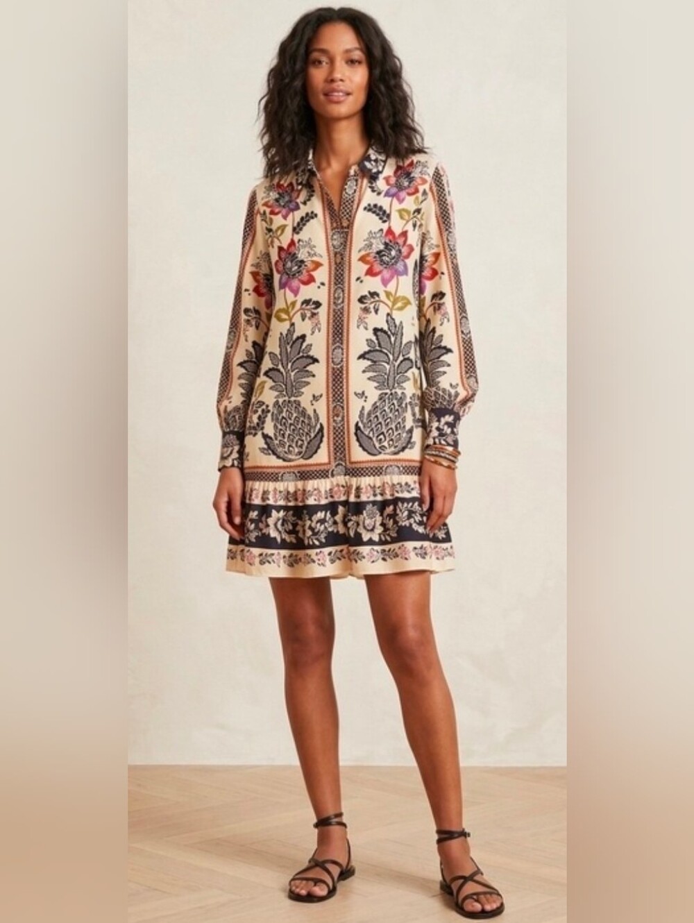 Joie Pineapple Print Floral Ruffle Hem Oversized Mini Dress Tunic Boho Womens S